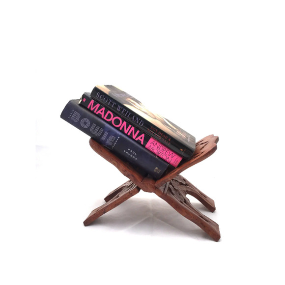 Vintage Indian Hand CARVED Wood Book Stand / Wooden FOLDING Cookbook Stand - Picture 2 of 5